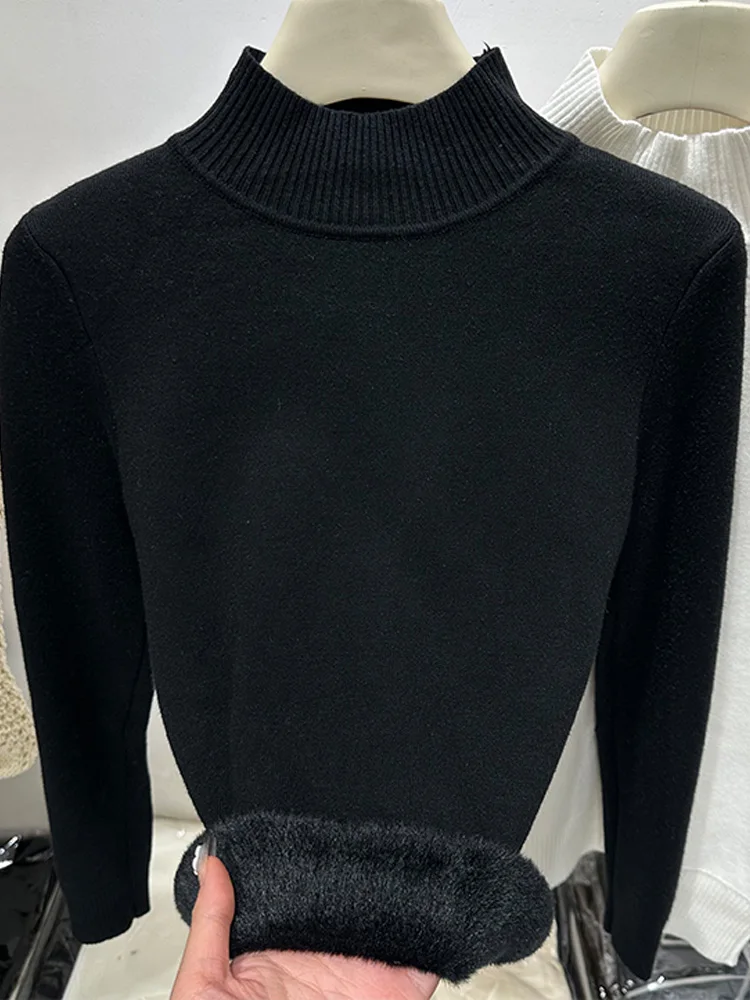 秋冬フリース長袖モックネックレディースセーター新ファッションプルオーバーニットセーター女性エレガントニットボトムス