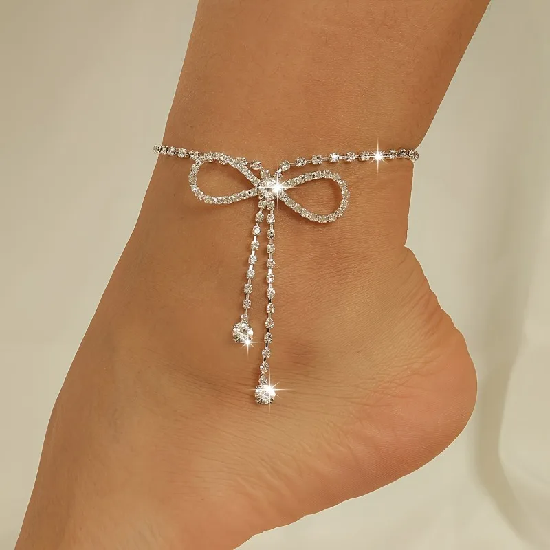 Luxury Sparkling Inlaid Zirconia Ribbon Tassel Anklet Women's Delicate Ankle Accessory Wedding Banquet Jewelry Gift