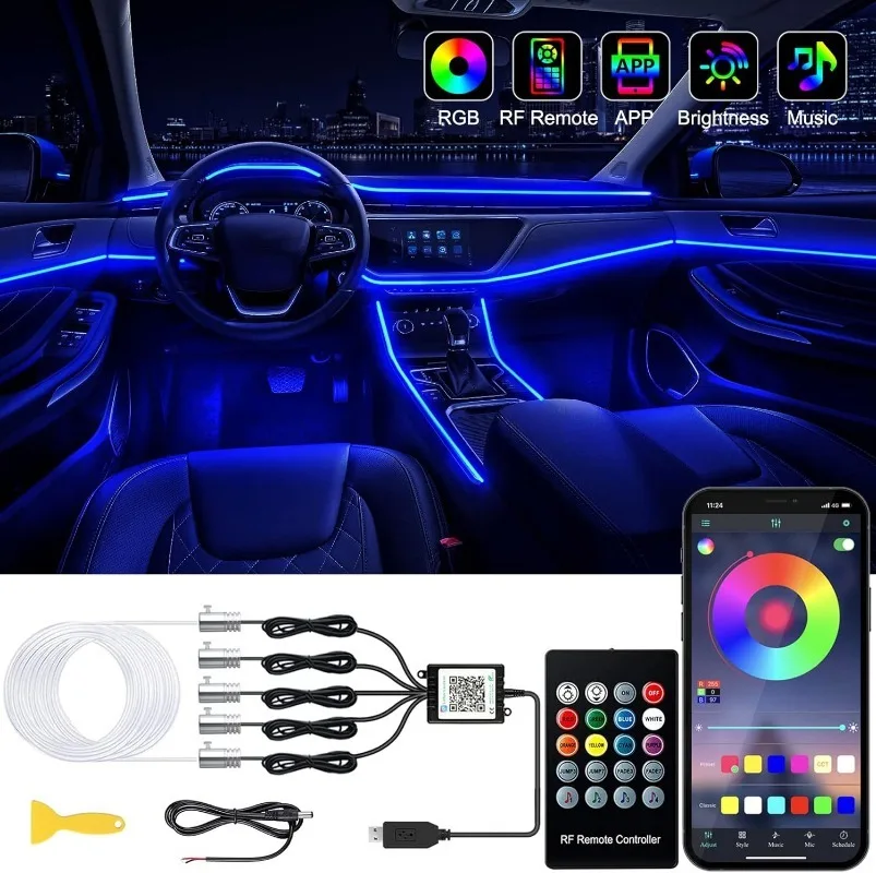 

Неоновые автомобильные светодиодные внутренние освещения RGB, оптоволоконный комплект с беспроводным управлением через приложение, светодиодная автоматическая атмосфера, декоративная лампа 12 В