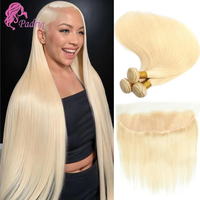 

613 Human Hair Bundles With 13X4 Lace Frontal Straight Blonde Bundles 100g/PC Free Part 100% Brazilian Virgin Remy Human Hair