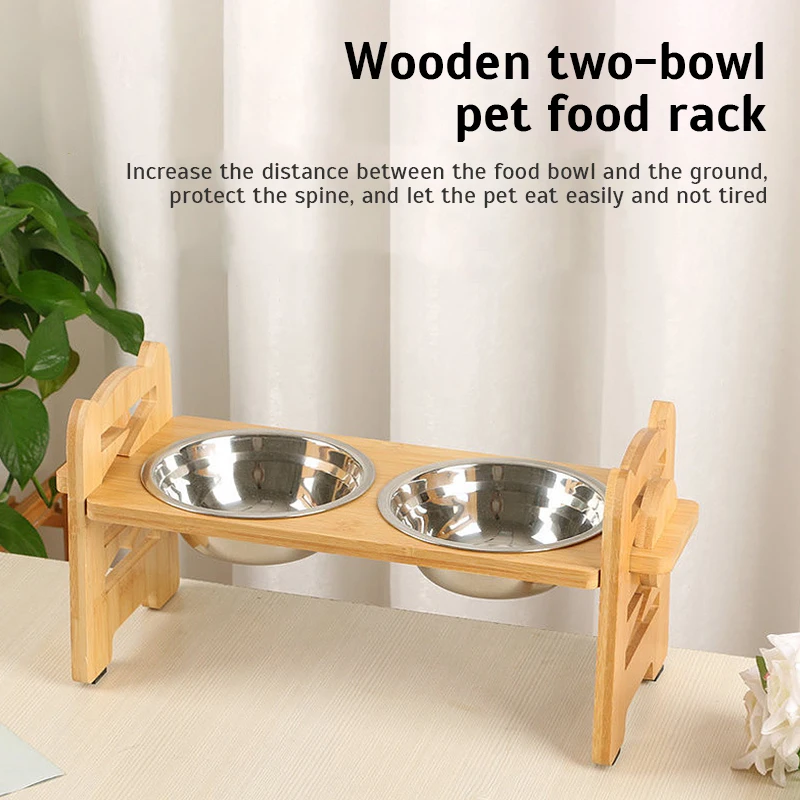 Tigelas de bambu ajustáveis para cães, Dog Feeder Stand, tigelas de aço inoxidável para cachorros e gatos, acessórios para animais de estimação