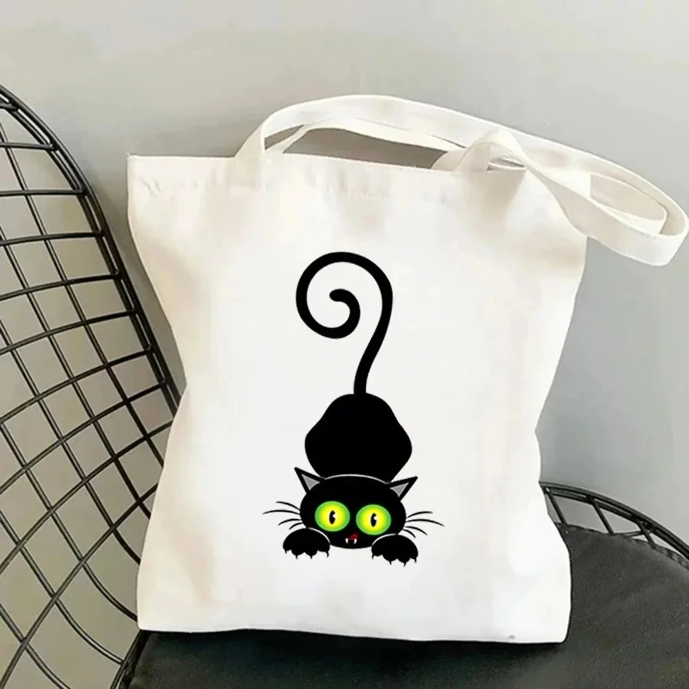 

Spiral Tail Glowing Green Eyes Black Cat Canvas Tote Bag Stylish Carry Bag For Picnics Parties And Holiday Gift