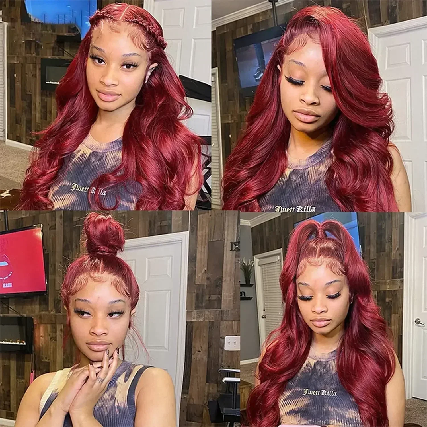 Perruque Lace Front Wig naturelle Body Wave, cheveux humains, couleur bordeaux 99j, 13x4, 13x6, densité 200, pre-plucked, transparente HD