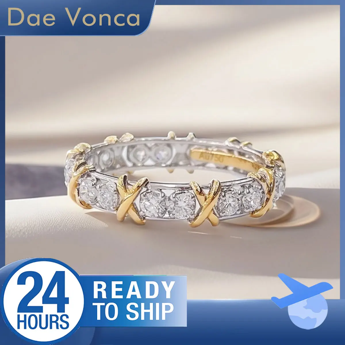 

18K Yellow & White Gold Diamond Ring Two Tone Gold Shank Diamond Band Round Brilliant Cut Lab Grown Diamond Ring For Women