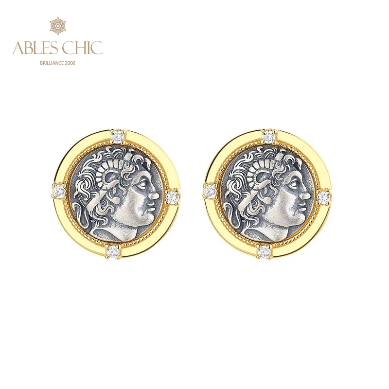 Ables Chic Alexander Greek Coins Solid 925 Silver Roman Coin CZ Accent Stud Earrings E1011