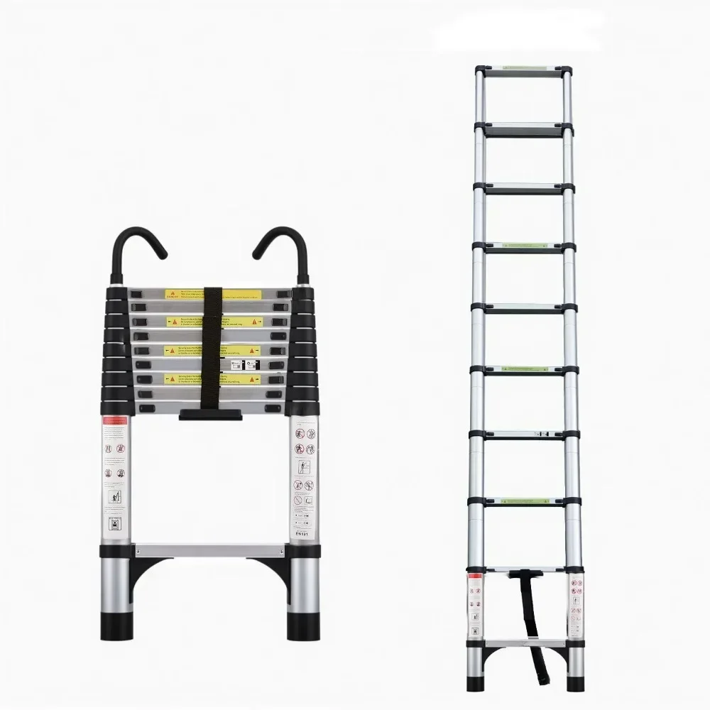 Telescopic ladder, 9.5 foot aluminum button telescopic ladder with 2 triangular stabilizers and hooks, multi-purpose ladder