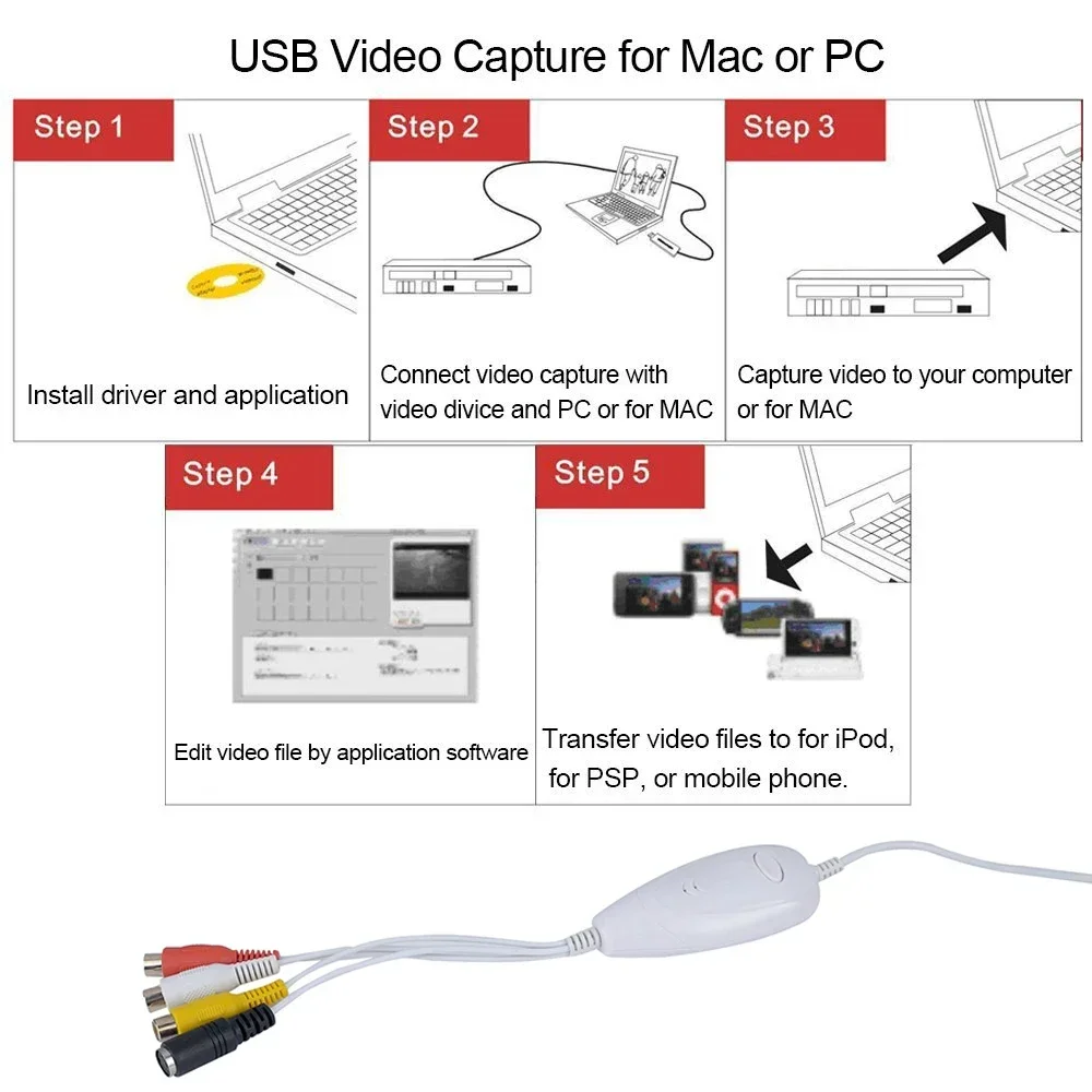 Ezcap USB Audio Video Capture Card VHS To DVD Converter Record,Camcorder TV Box Old VHS Tape To Digital for Windows10 Win10 MAC