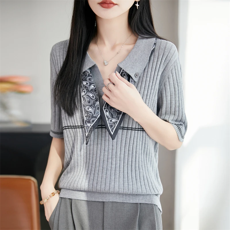 Women's POLO collar T-shirt summer new wool knitted short sleeved casual stripe… - Image 4