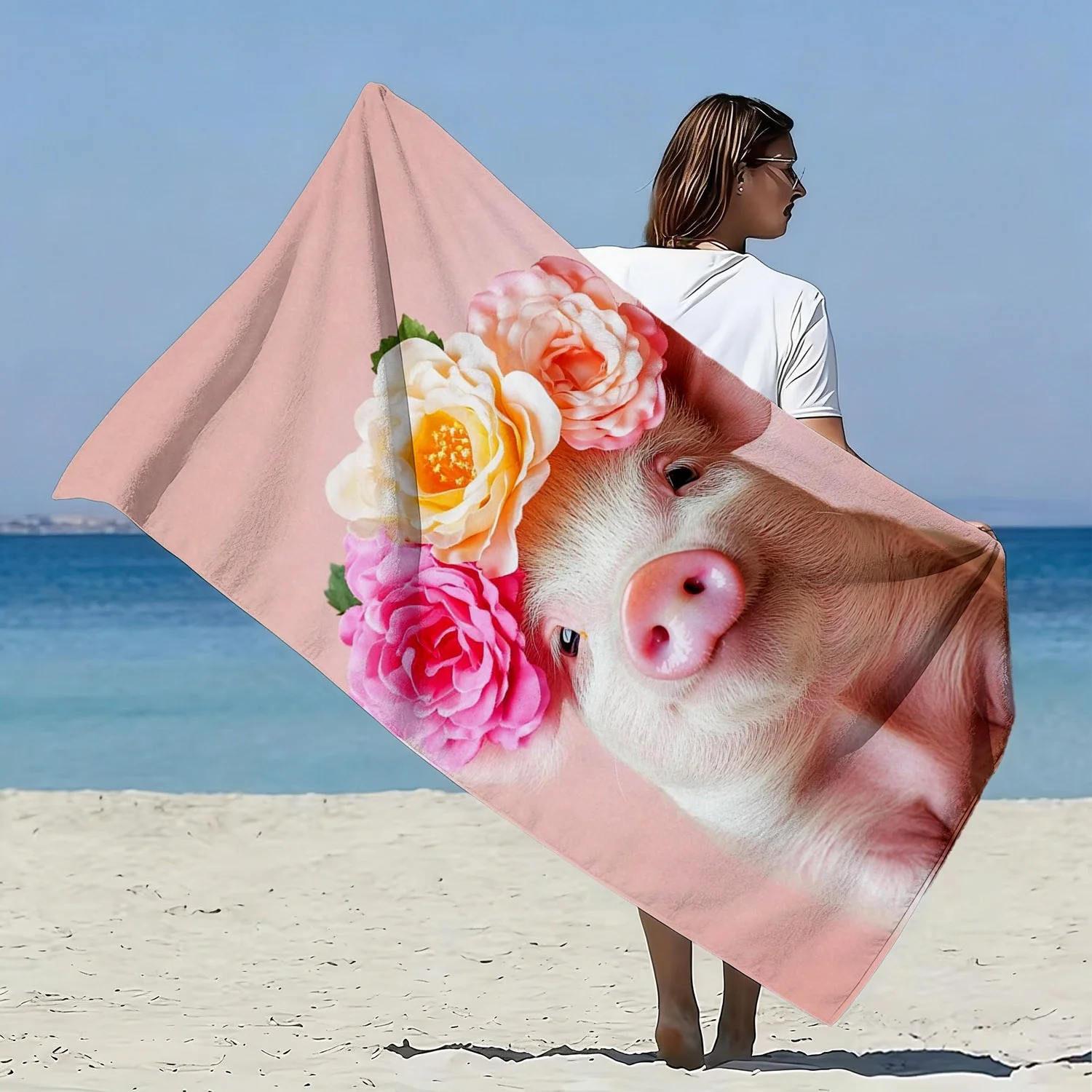 Sweet Floral Pig Beach Towel, Adorable Piglet with Rose Flower Crown Pattern Bath Towel, Perfect Gift for Animal Lovers & Girls