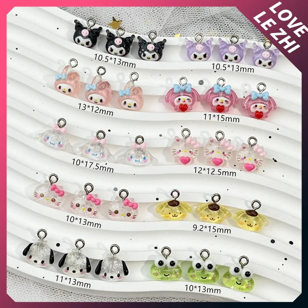 10Pcs Handwork Diy Necklace Bracelet Accessories Charm Sanriod Hello Kitty Kuromi Glitter Powder Keychain Ring Accessory Pendant