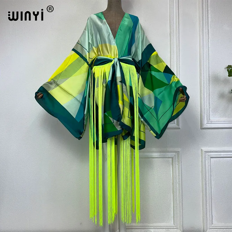 

WINYI kimono boho fashion Africa beach wear summer Classic print Bikini Cover-up Cardigan sexy Holiday long Sleeve tassels dress