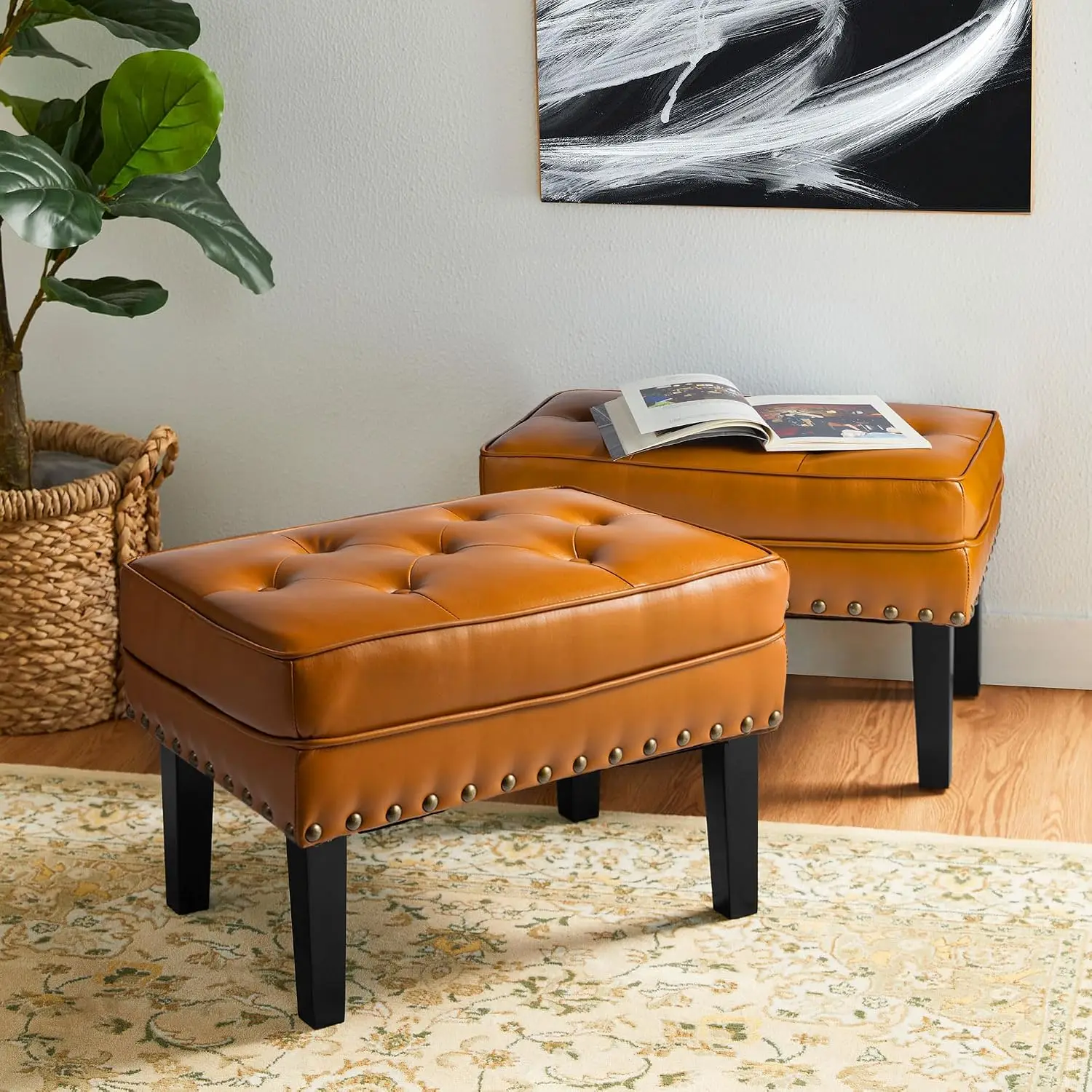 Mid-Century Modern PU Leather Ottoman Stool Set 2, Vanity Accent Chair Footrest Side Table Living Room Entryway, Customized