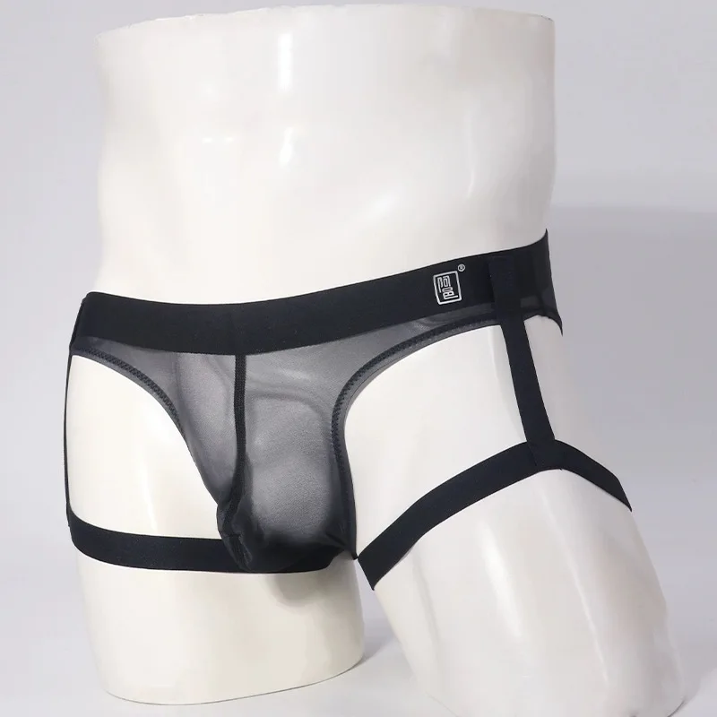 Men's triangle underwear, ice silk briefs suspender strap formal U-shaped ultra-thin personalized low waisted large bag