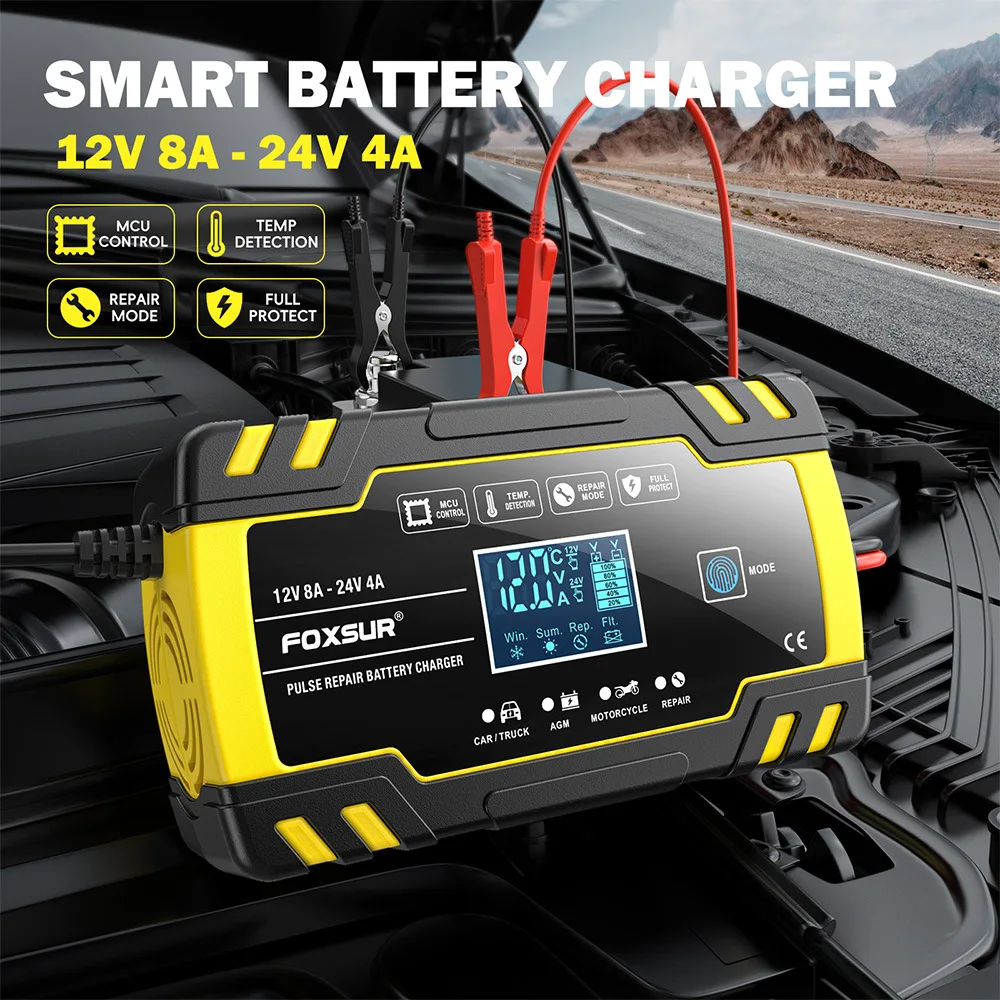 12V 8A 24V 4A Smart Auto Pulse Repair Charger LCD Display For AGM Gel Car Motorcycle Truck Lead Acid Battery 85AH 100AH 120AH