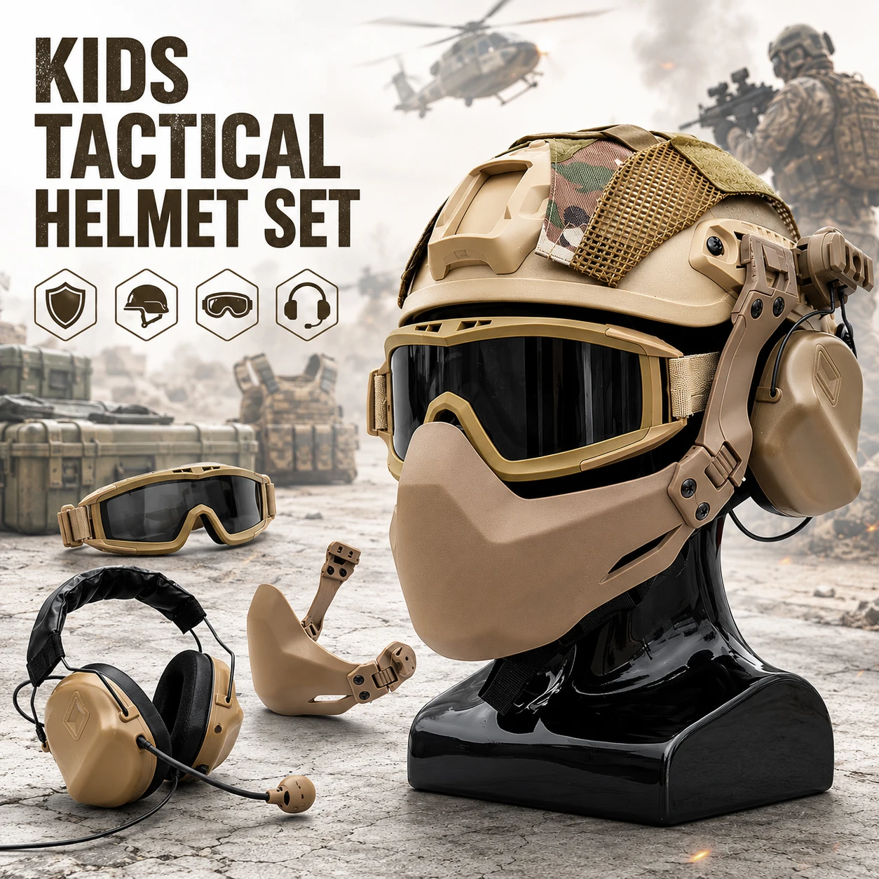 Kids Tactical Helmet Set with Airsoft Headset & Goggles Mask CS Cosplay Gear Children Military Wargame Combat Protection