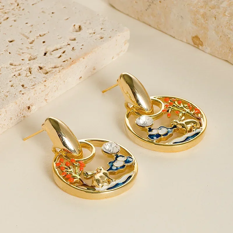 

New fashion drop oil enamel color auspicious cloud jade rabbit Chinese style earrings