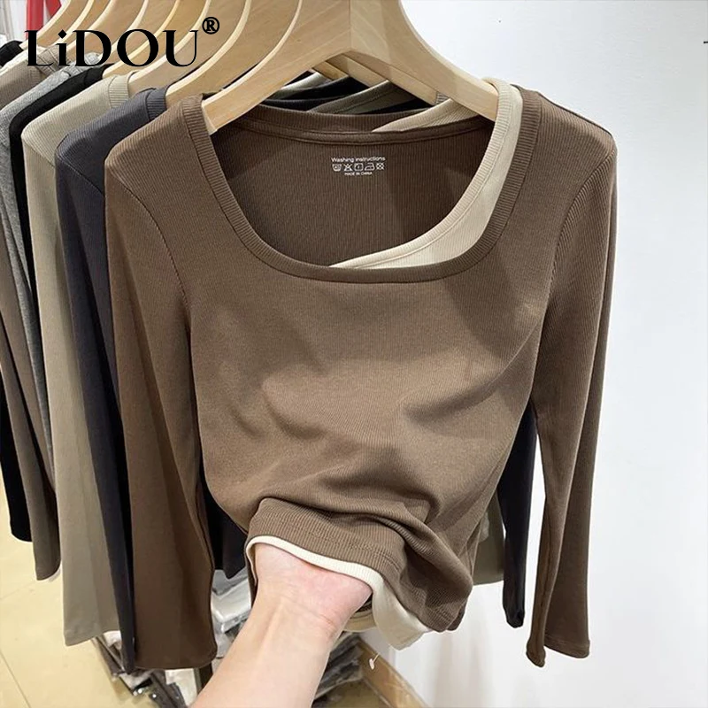 2023 New Korean Fashion Intellectual Chic Capable Vintage Aesthetic Gentle Slim T-shirt Square Collar Solid Color Top Woemen