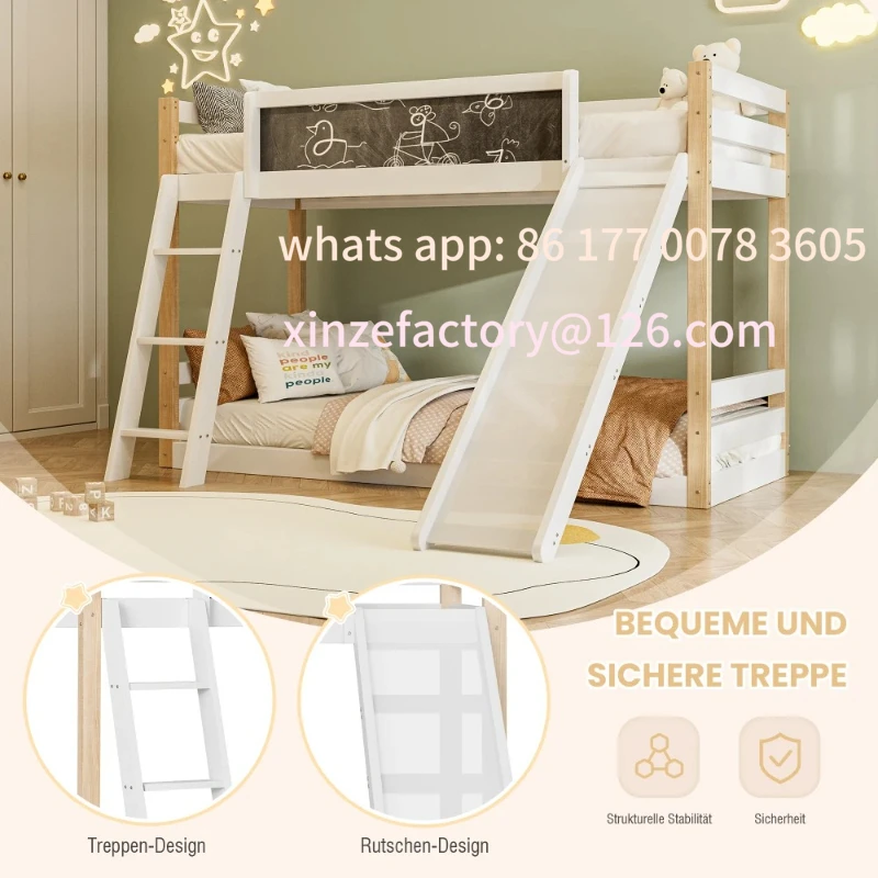 سرير بطابقين قابل للتخصيص مع سلالم منزلقة من الخشب المستقر + إطار PB، شبكة بأربعة جوانب، 747 صديقة للبيئة، تناسب 90 × 190/200 سم ماتري #3