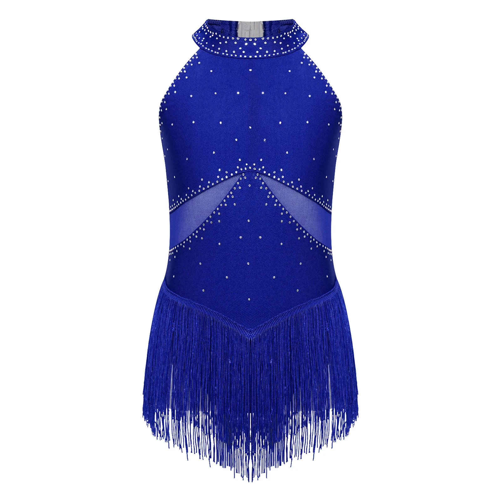 Fringed Tassel Ballet Dress Girls Glittery Rhinestones Sheer Mesh Patchwork Bodysuit for Dancewear Figure Skating Performance