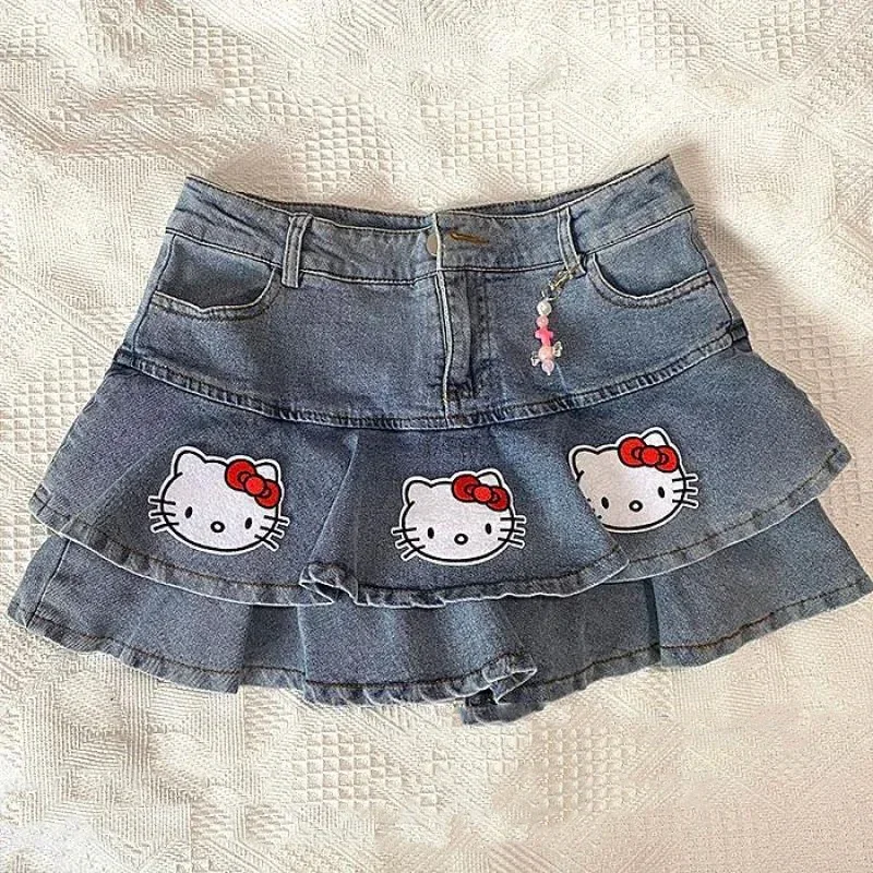 Cartoon Sanrios Hello Kittys Kawaii Cute Girl Y2K Millennium Hot Girl Denim Short Skirt Fashion A-Line Cake Half Skirt