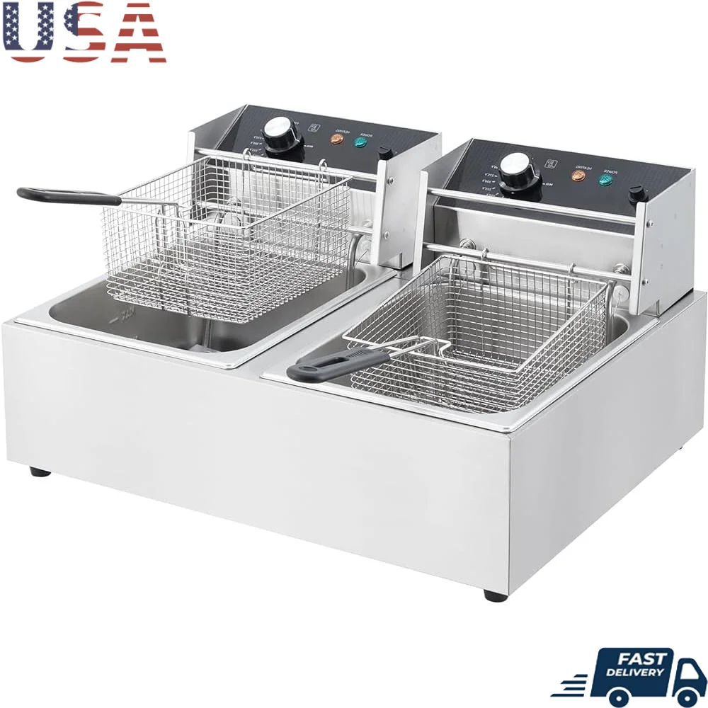 Electric Deep Fryer 12L Dual Tank Commercial Countertop Stainless Steel with Temperature Control Home Kitchen Fast Food