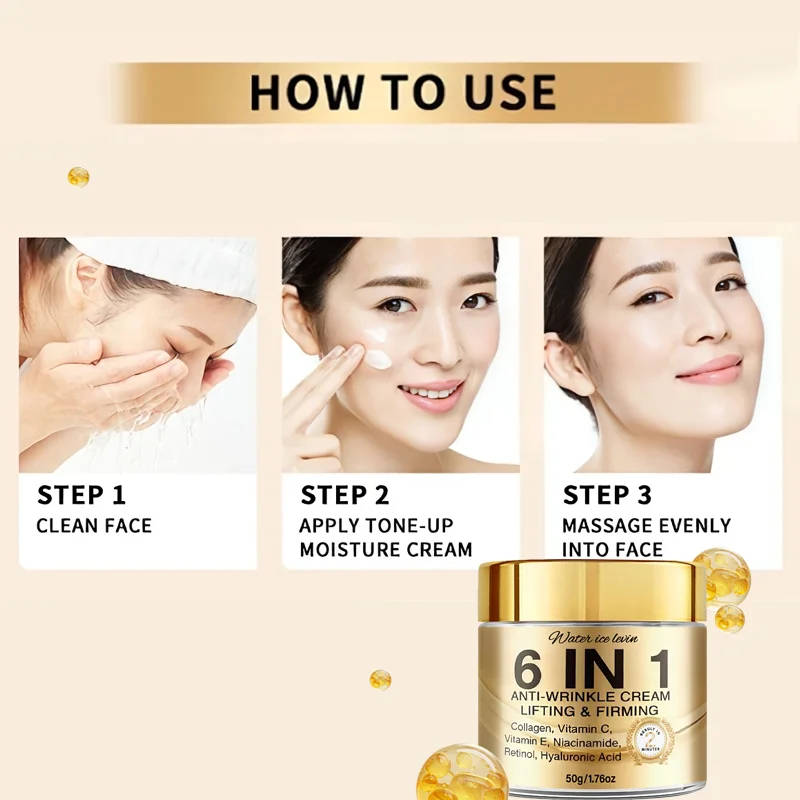 6-In-1 Anti-Wrinkle Cream. Lifts Firms Smooths Moisturizes. Collagen Vitamin C E Niacinamide Retinol Hyaluronic Acid. 50g view 4