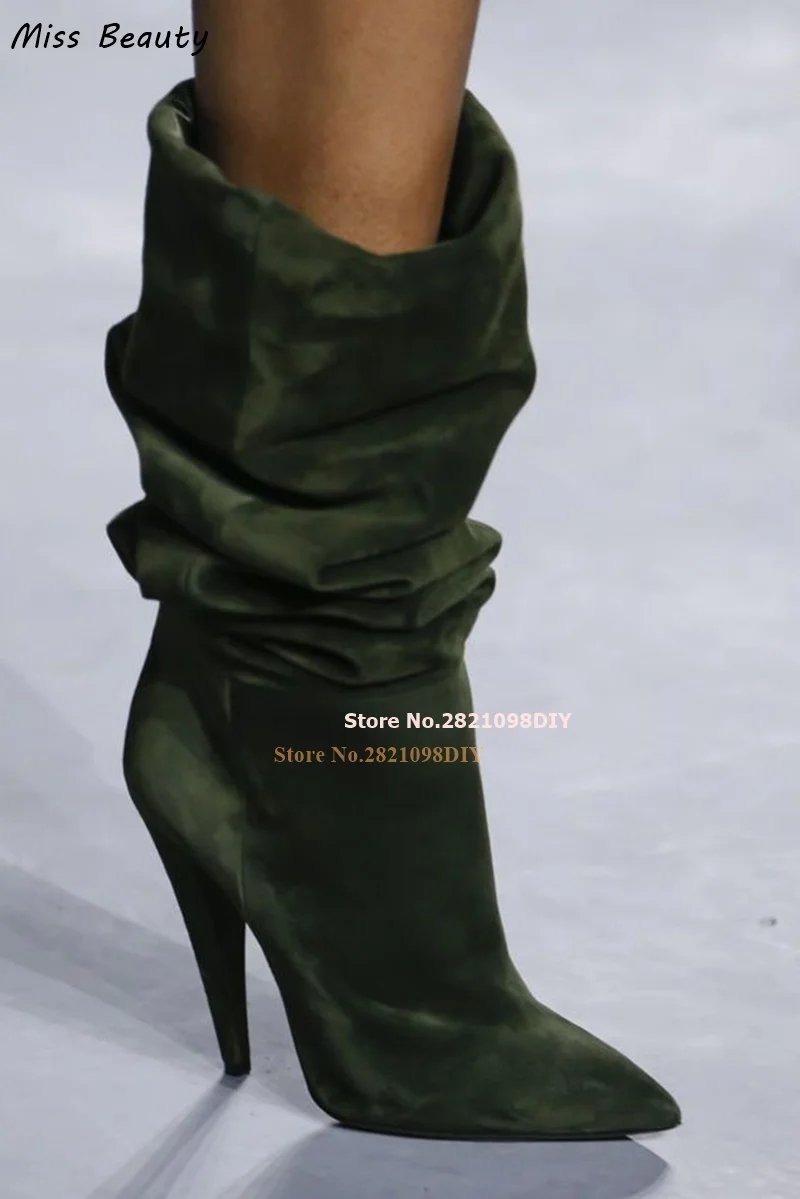 Green Leather Slouchy Spike Heeled Knee High High Heel Boots Women Pointy Toes Runway Bota