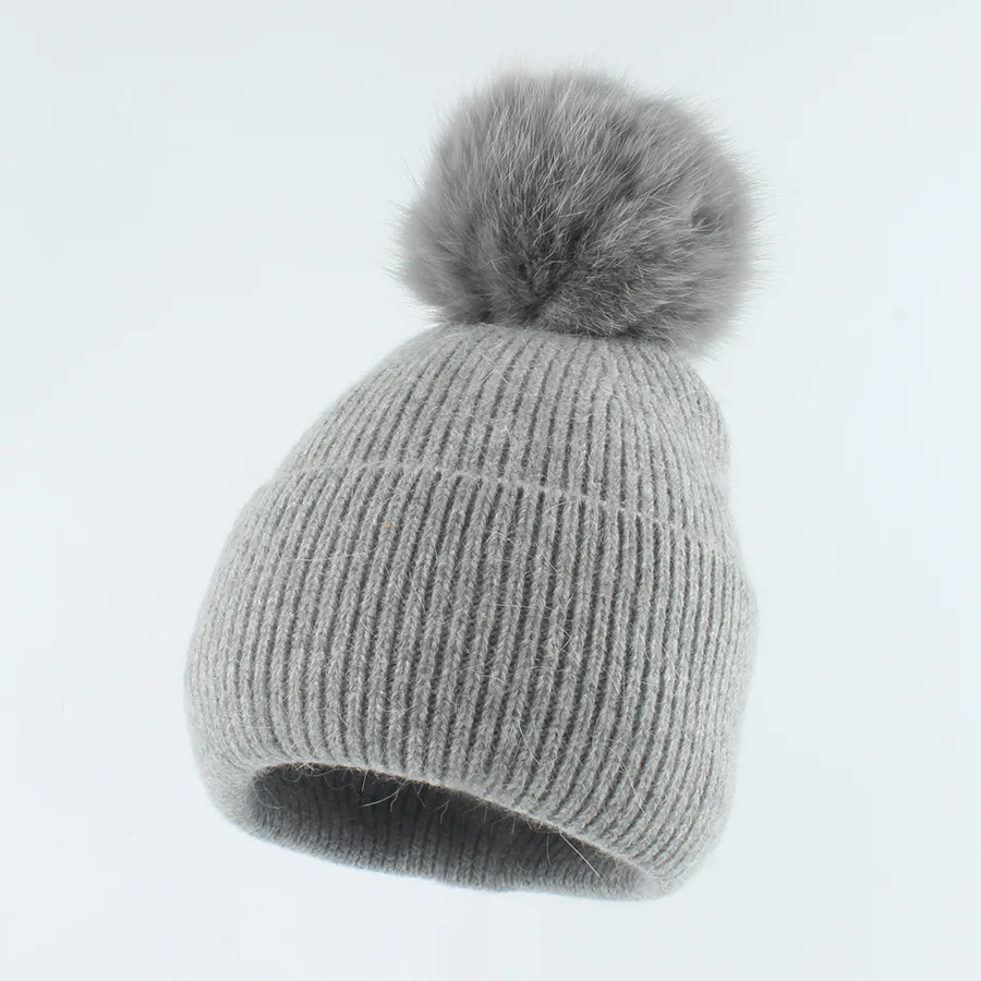 Chapéu Angora Knit Beanie feminino, Pompom, Pele de Raposa Real, Quente, Desportivo, Ao Ar Livre, Acessório de Esqui, Inverno, Outono