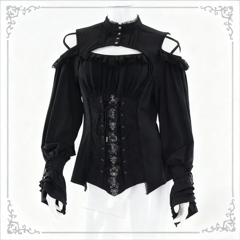 Gothic Y2k Lolita Blouses Women Vintage Elegant Lace Off Shoulder Black Slim Shirts Female Punk Style Long Sleeved Bandage Tops