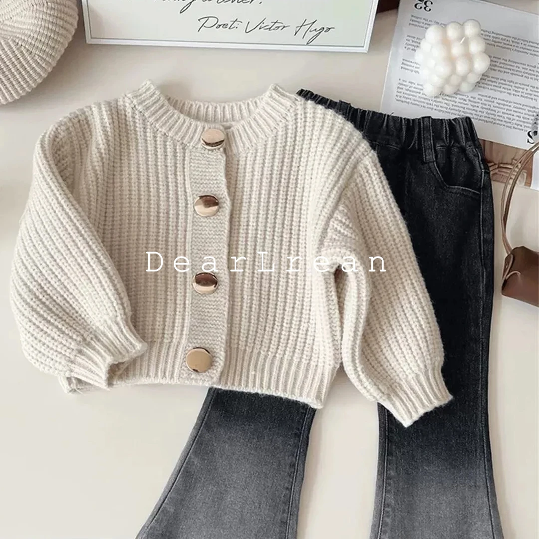 Girls Autumn Strip Thread Slim Fit Fashion Buttons Ins White Sweater Jacket Girls Light Color Wide Leg Jeans Set