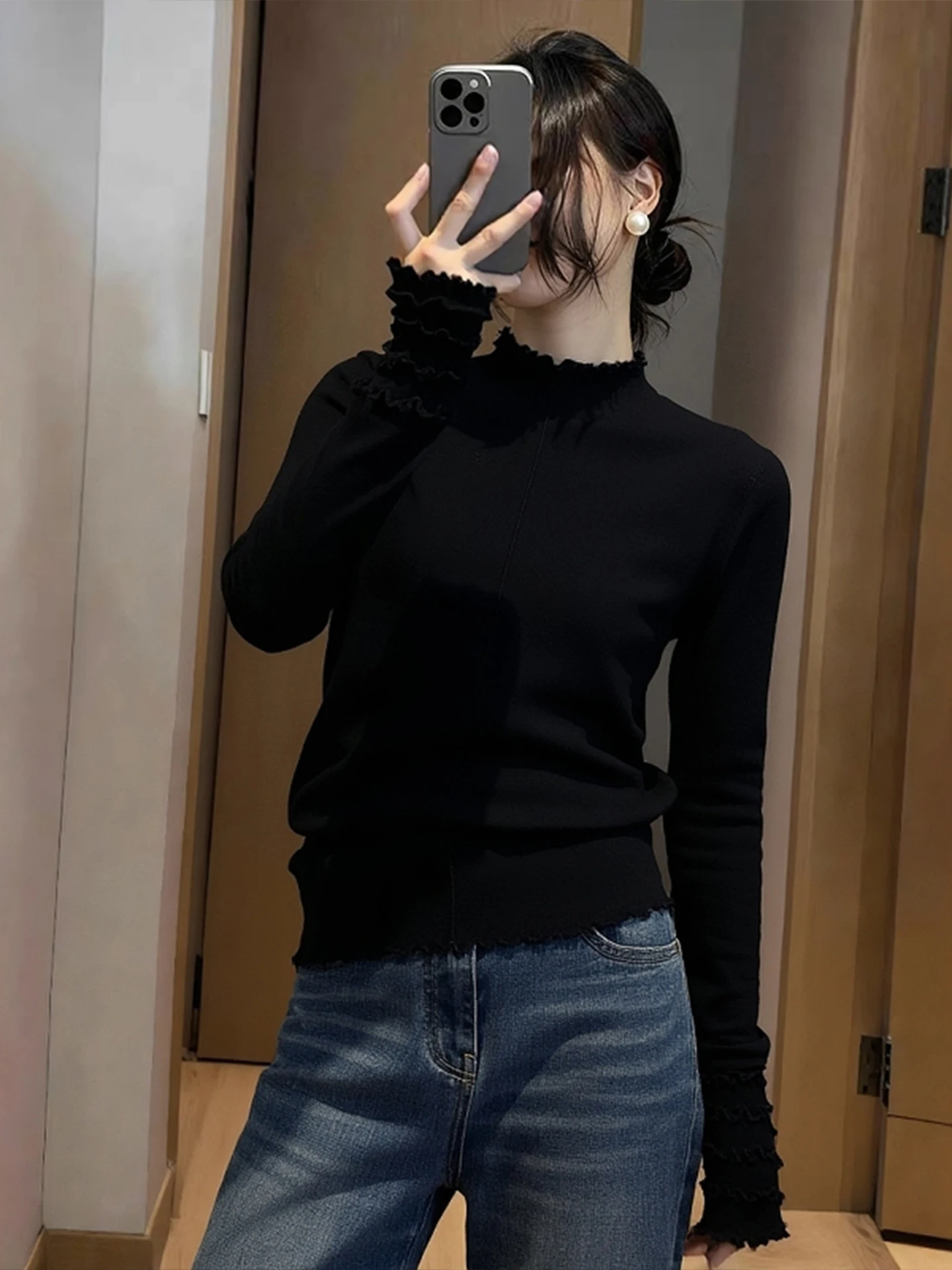 Korean Sle Comfortable Lace Knitwear Long Sve Women's Camere Faion Top Soft Cozy Winter New Arrival Poetic Lin