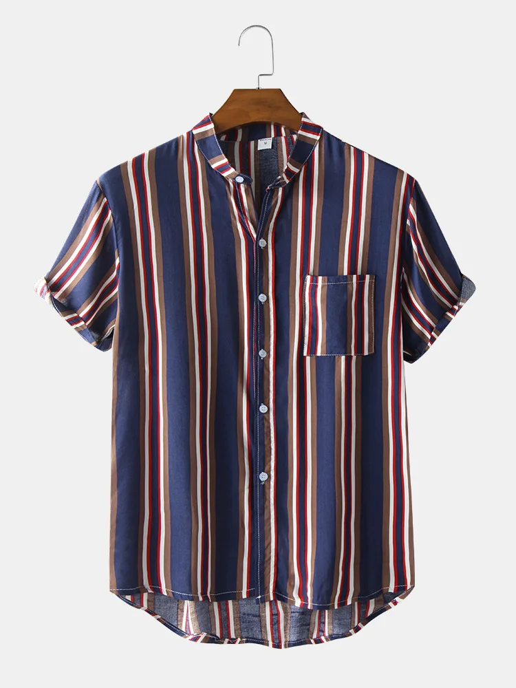 

Summer Faion Men's Casual Mid-Sve irt Standup Collar Slim Fit Daily Wear Polyester Fabric ort Sve Plain Pattern