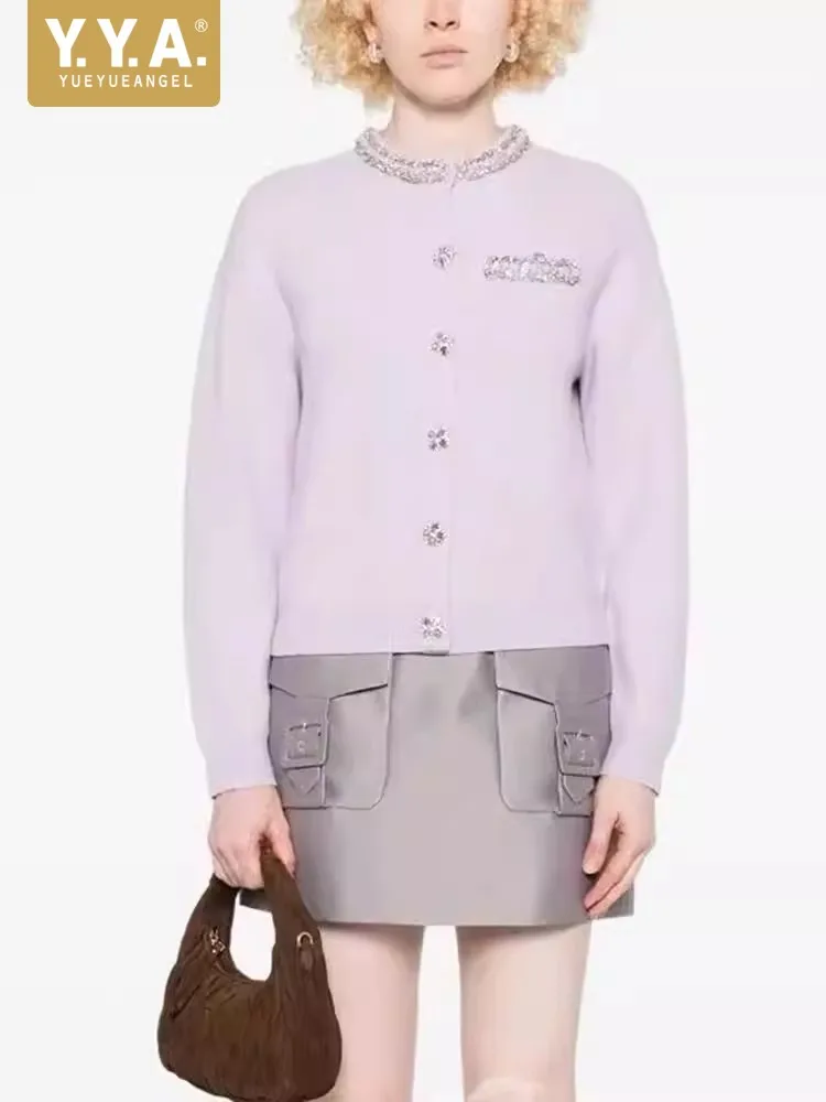 

Beading Diamond O-Neck Fashion Purple Female Knitted Cardigan Single Breasted Long Sleeve Sweater Jacket Lady Knitwear Hot Sale