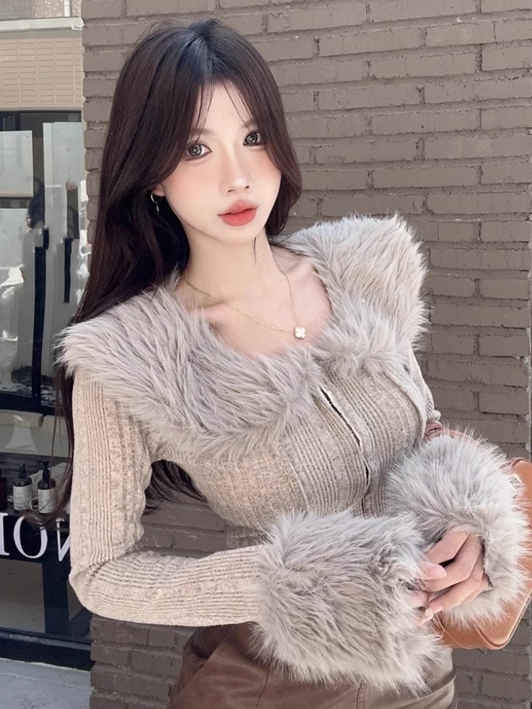 Fashion Y2K Mao Mao Collar Top Women's Pure Sweet Spice Girls Autumn Winter Maillard Knitted Cardigan Outer Short Sweater Coat