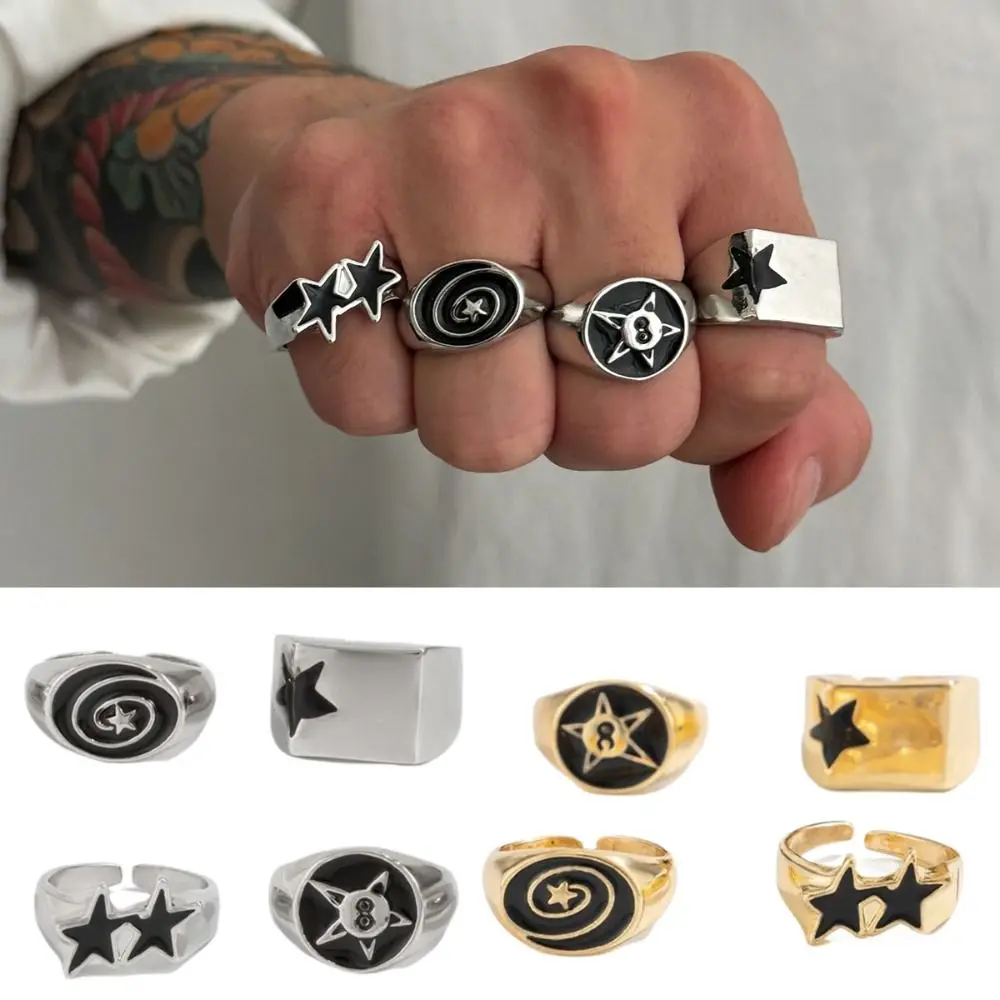 4pcs Irregular Design Geometric Open End Rings Black Five-Pointed Star Bold Design Stainless Steel Rings Wide Opening