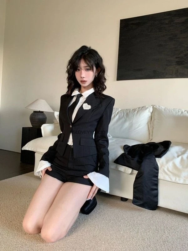 Japanese Korea Uniform Jk Suit Cardigan Jacket Dress Shirt Slimming Shorts three-piece Set Women Black Improved Jk Uniform Set