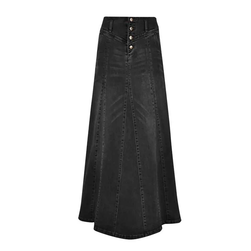 

Women Vintage Denim Skirt High Waist Patchwork Skirt Streetwear A-Line Washed Solid Color Pockets Buttons Female Long Skirts