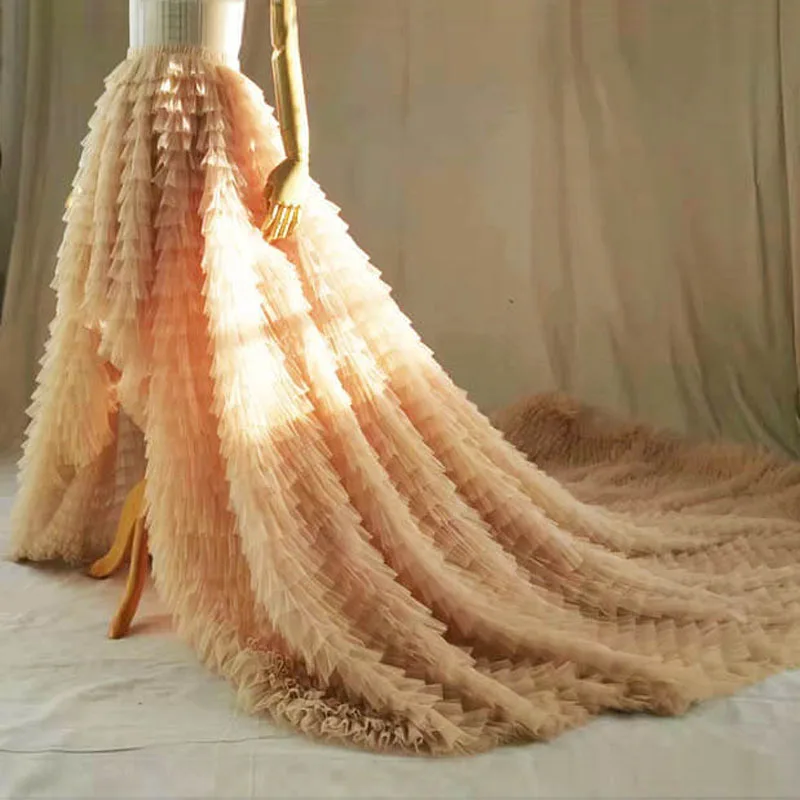 Luxury Tiered Tulle Bridal Skirt White Champagne Gold Long Train High Low Wedding Skirts Detachable Gown Overskirts Custom Made