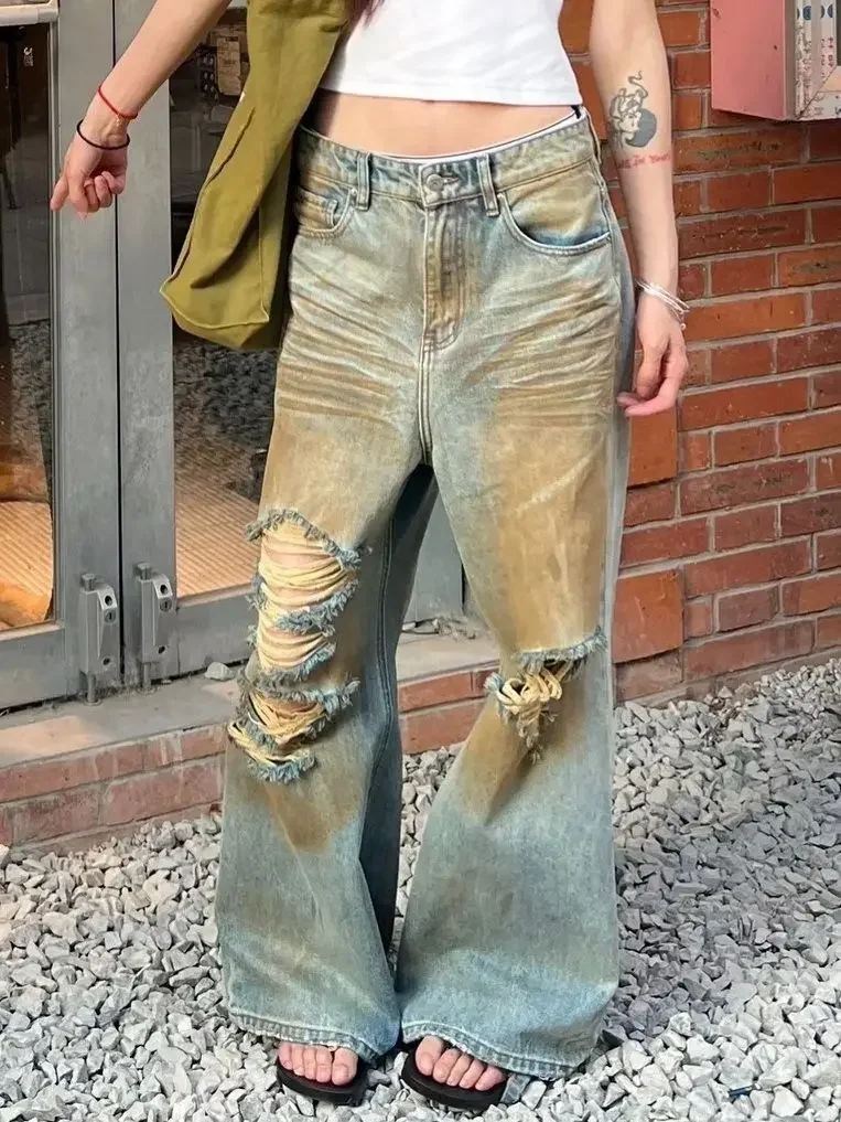 

Streetwear Baggy Ripped Jeans Women Harajuku 90s Aesthetic Denim Trousers Y2k Vintage Jean Cargo Pants Wide Leg Pantalones