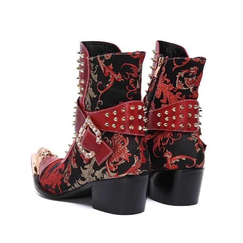 Red Black Leather Pathcwork Studded Ankle Boots For Men Gold Iron Toe Buckle Strap Block Heels Runway Cowboy Riding Chelsea Boot
