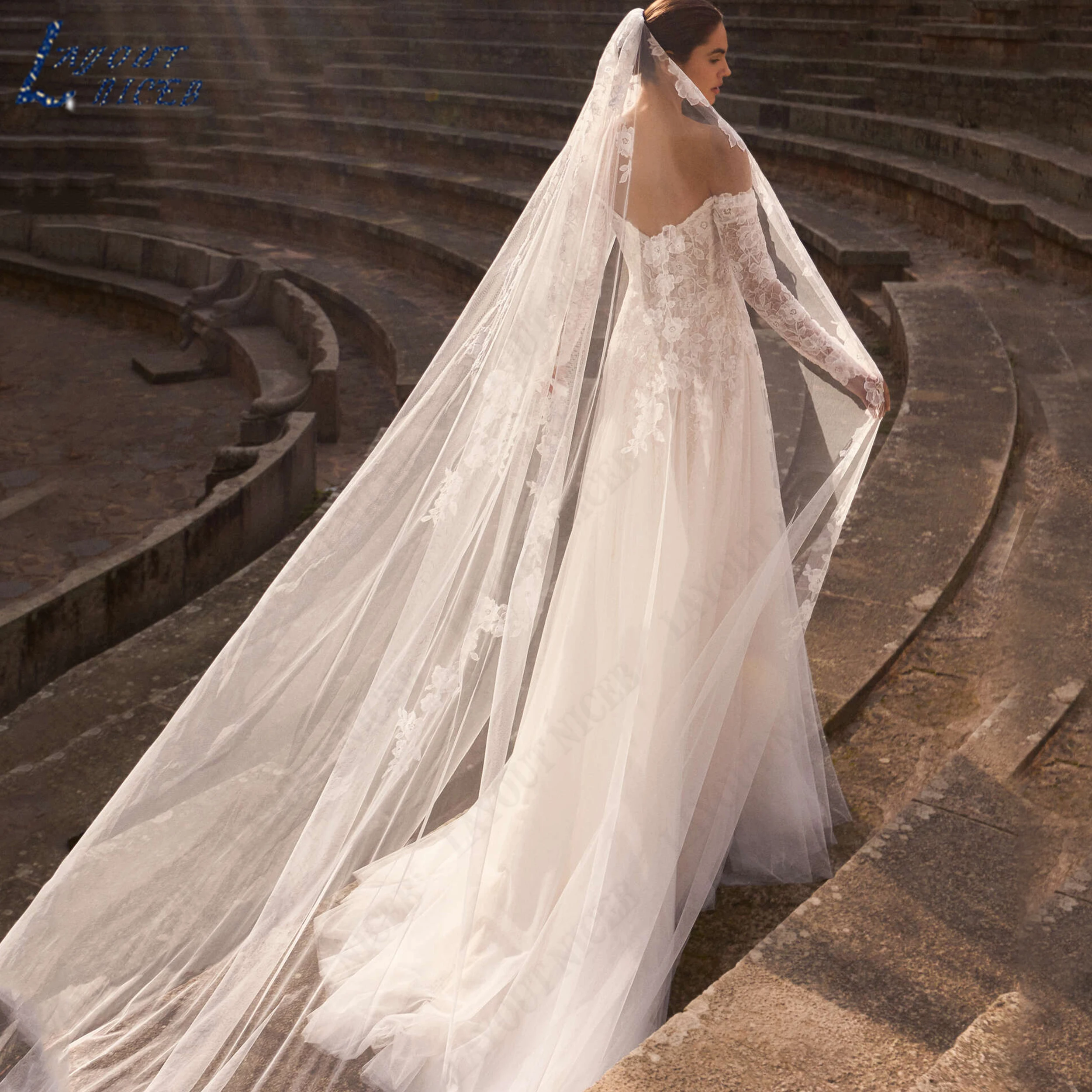 LAYOUT NICEB Customized Off Shoulder Sweetheart Lace Bridal Gown Sheer Floral Sleeve Airy Tulle A-line Low Back Wedding Dress