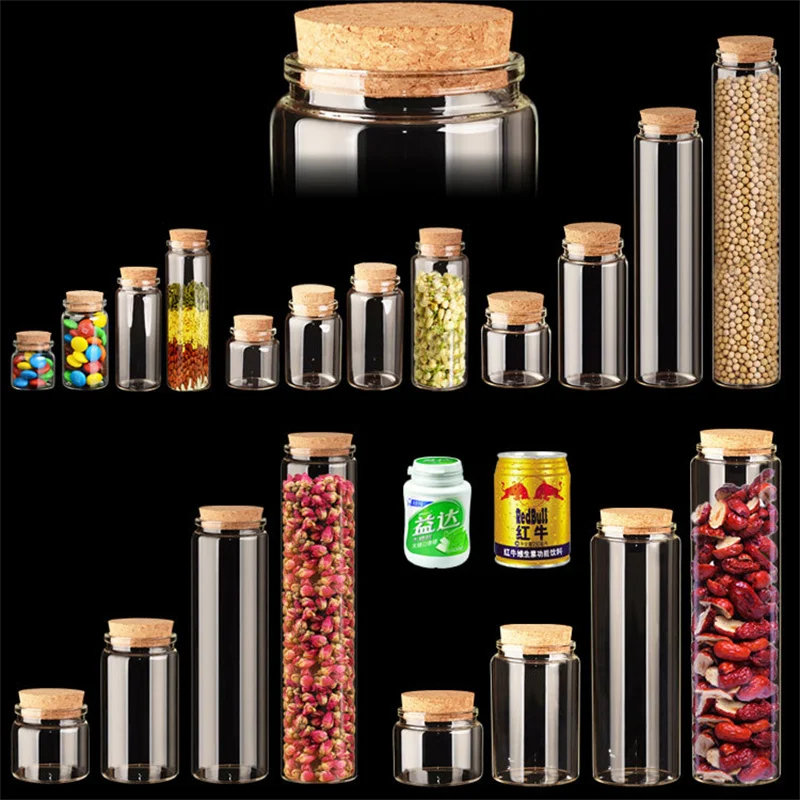 4pcs Dia 65mm 120ml/300ml/600ml/750ml Empty Clear Glass Bottles Container With Cork DIY Stopper Wedding Storage Jars