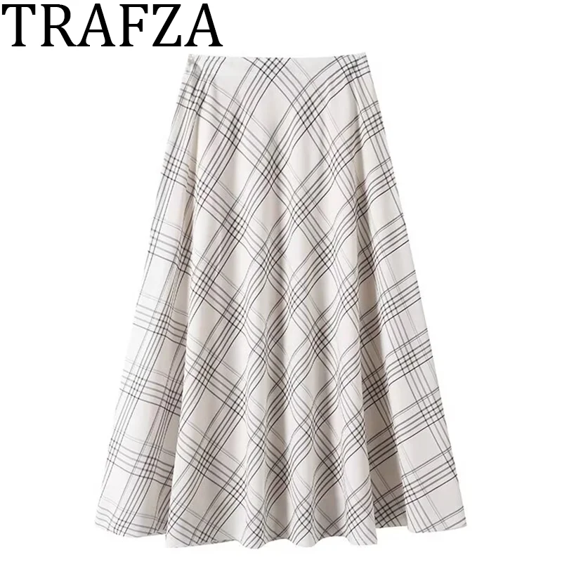 

TRAFZA Women's Skirt Flowing Check Print Midi Skirt 2025 Fashion for Women Elegant Classic Long Skirt Summer Basic Pleat Skirt