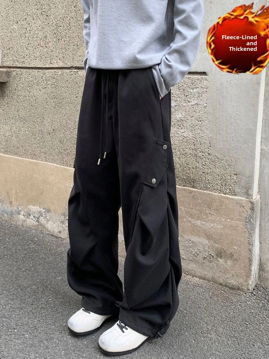 

Thiened Fce Autumn Winter Men's Casual Pants with Multiple kets Straight Leg Wide Leg Trousers Bla Trendy Men's Clo...