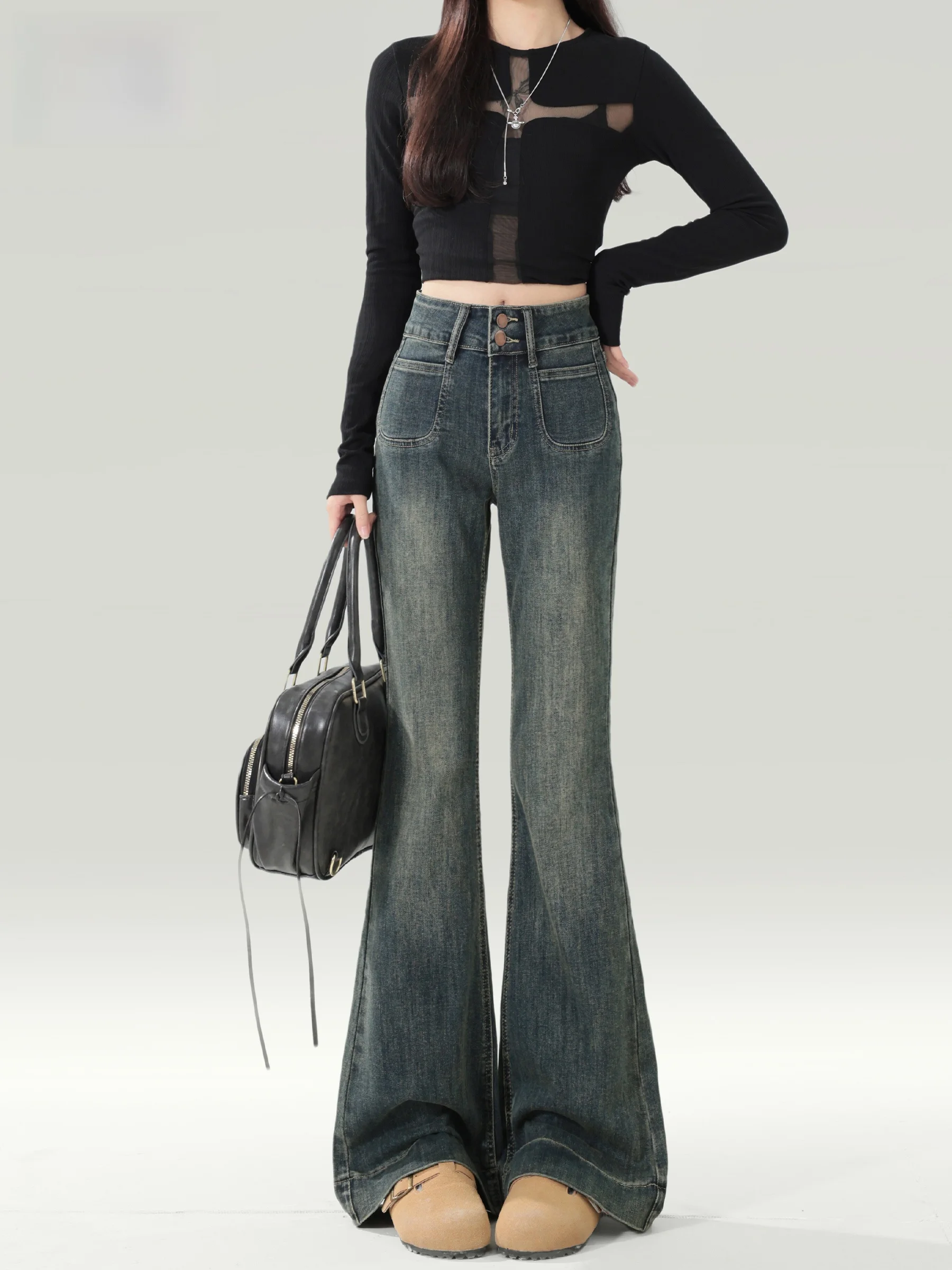 

Retro Blue High Waist Slim Fit Women's Jeans Elastic Bell Bottom Trousers Design Sensation Autumn Winter New Style