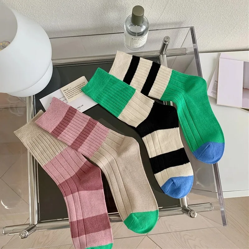 Retro Women\'s Socks Korean Style New Novelty Cotton Casual Mixed-Color Japanese Fashion AB Socks Comfort Striped Socks For Girls