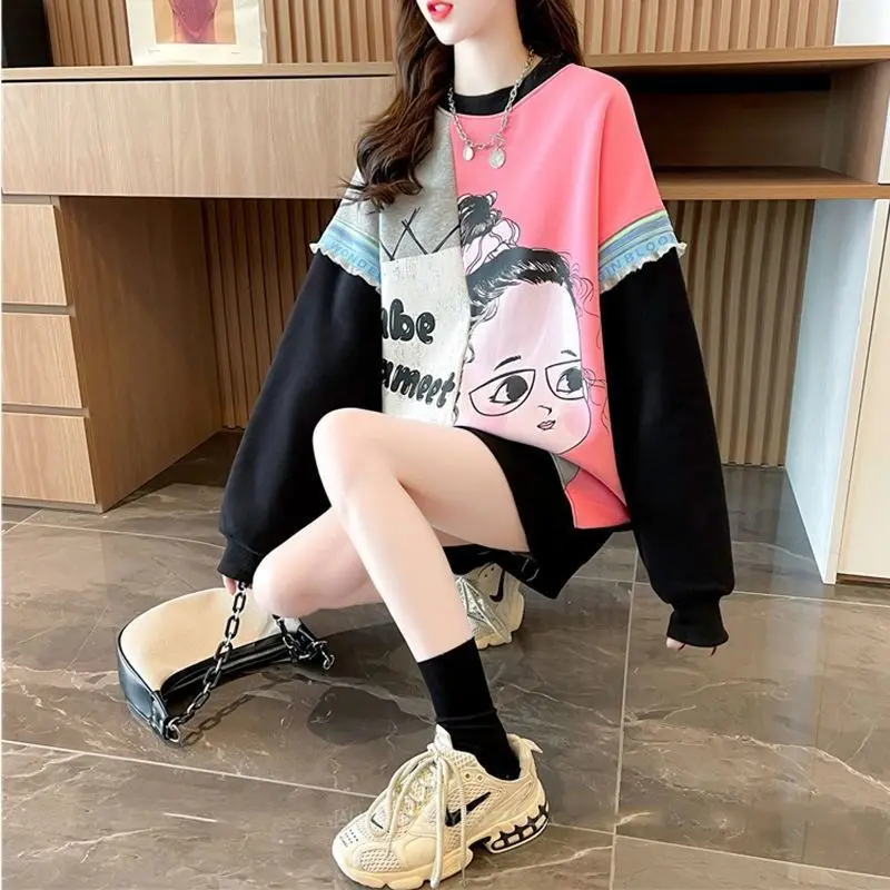 Fashion Printed Spliced Lace Casual Color T-Shirts Female Clothing 2023 Autumn Winter New All-match Tops Korean Tee Shirt