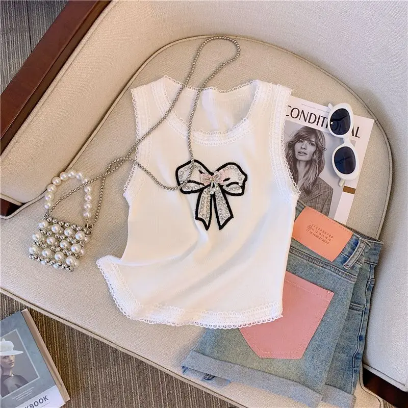 Heavy Industry Small Fragrance New Embroidered Bow Sparkling Design Vest 2023 New Top Ins Crop Top