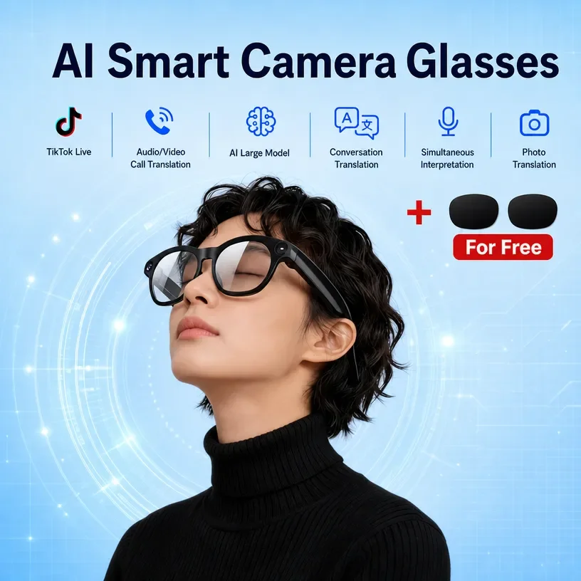 AI Smart Shooting Glasses, Support Douyin TK Live Streaming, Audio and Video Calls, Online Translation, 8MP Camera, Voice Assist
