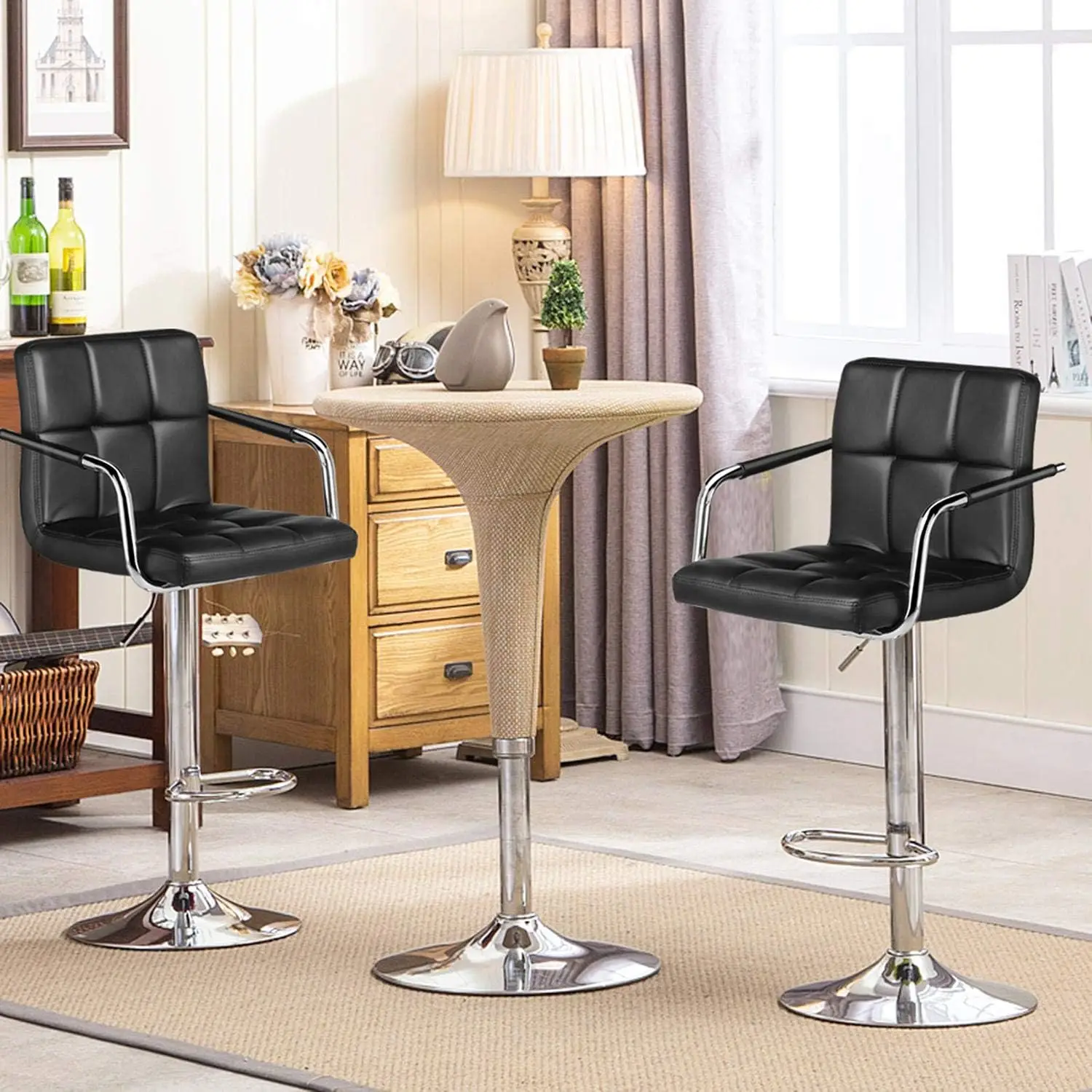 JOMA-PU Couro ajustável hidráulico Barstool, Cozinha Counter Stools, Ilha Stool com Braço, Preto Conjunto de 2